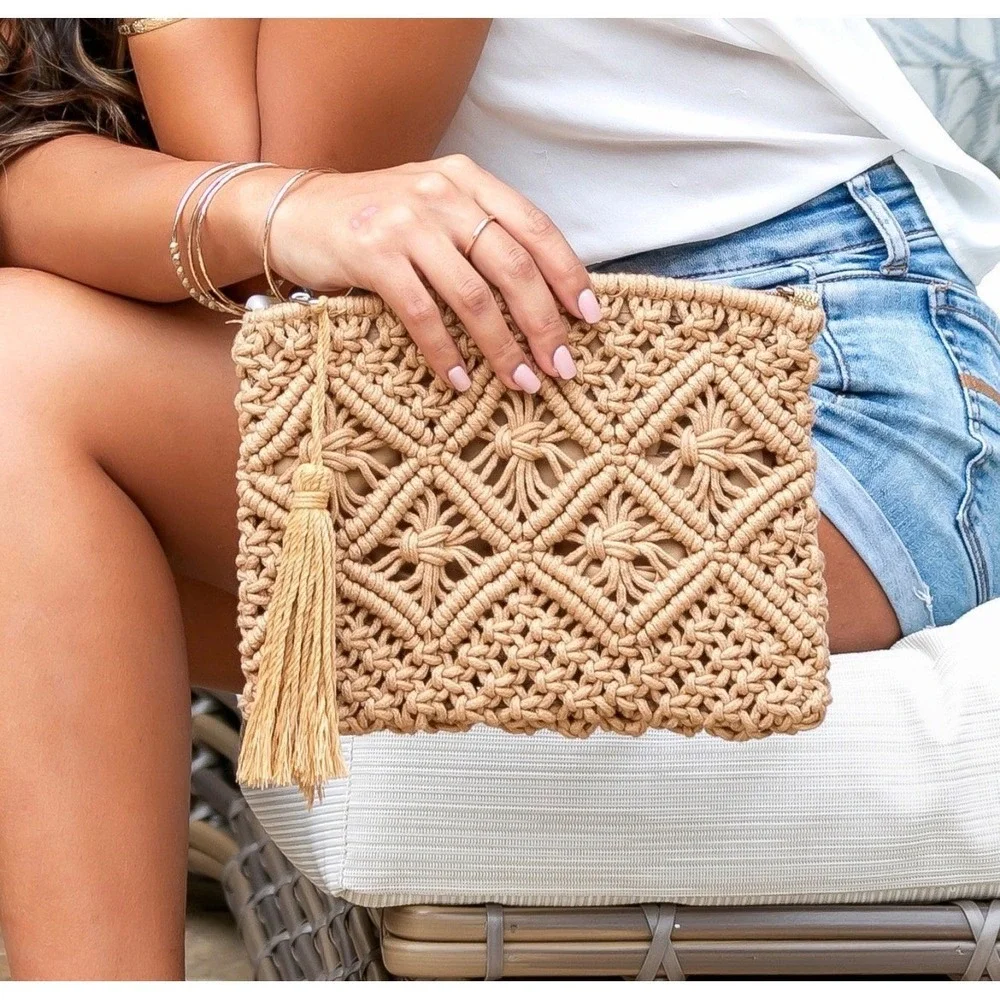 Boho‎ Macrame Tassel Clutch Bag Tan Geometric Woven Zipper Pouch Summer Festival